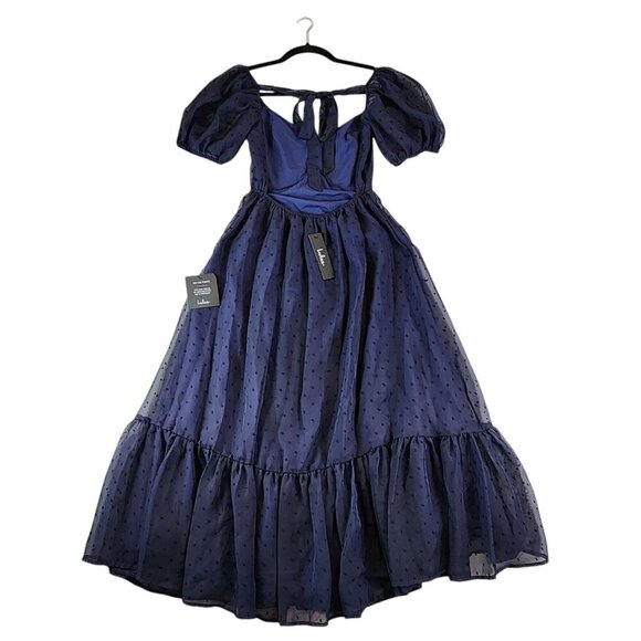 Lulu's NEW Navy Swiss Dot Puff Sleeve Tie Open Back Midi‎ Dress Wedding Dress XS - Picture 1 of 14